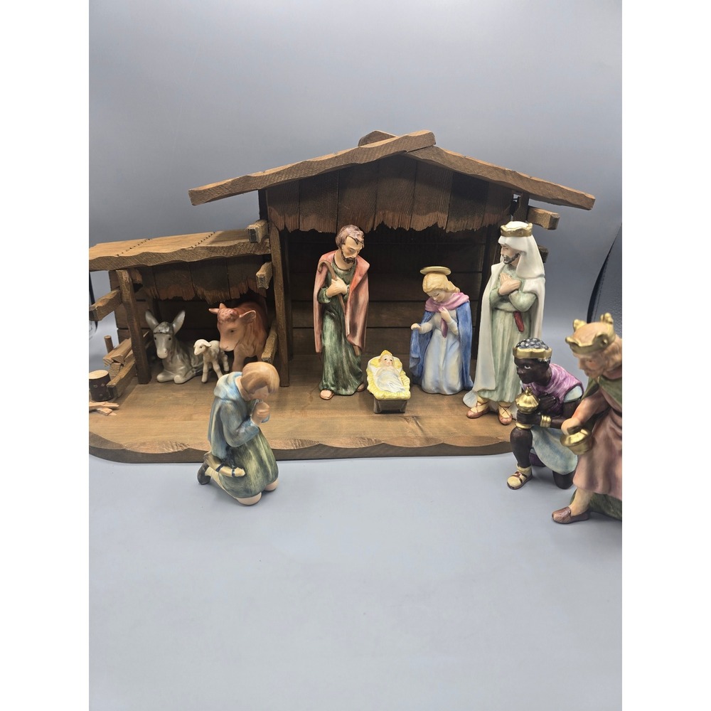 Vintage Goebel Hummel Nativity Set  Porcelain Figurines Wooden Stable 1955